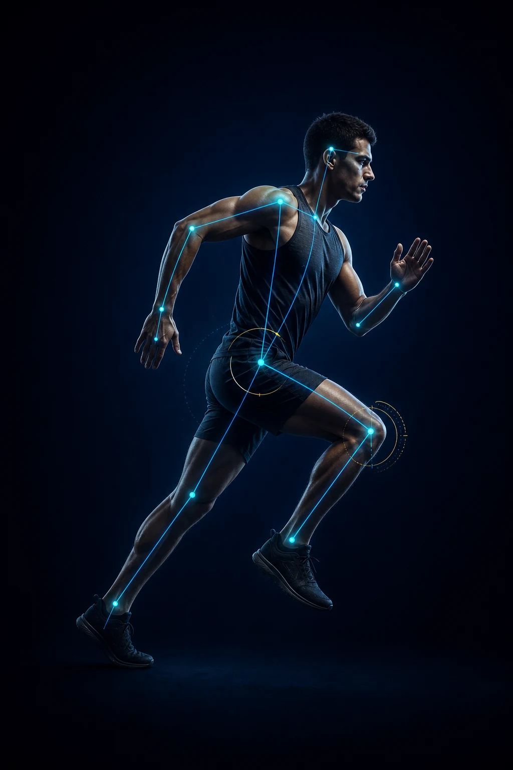 Synthetic adult athlete with an overlaid biomechanical tracking skeleton